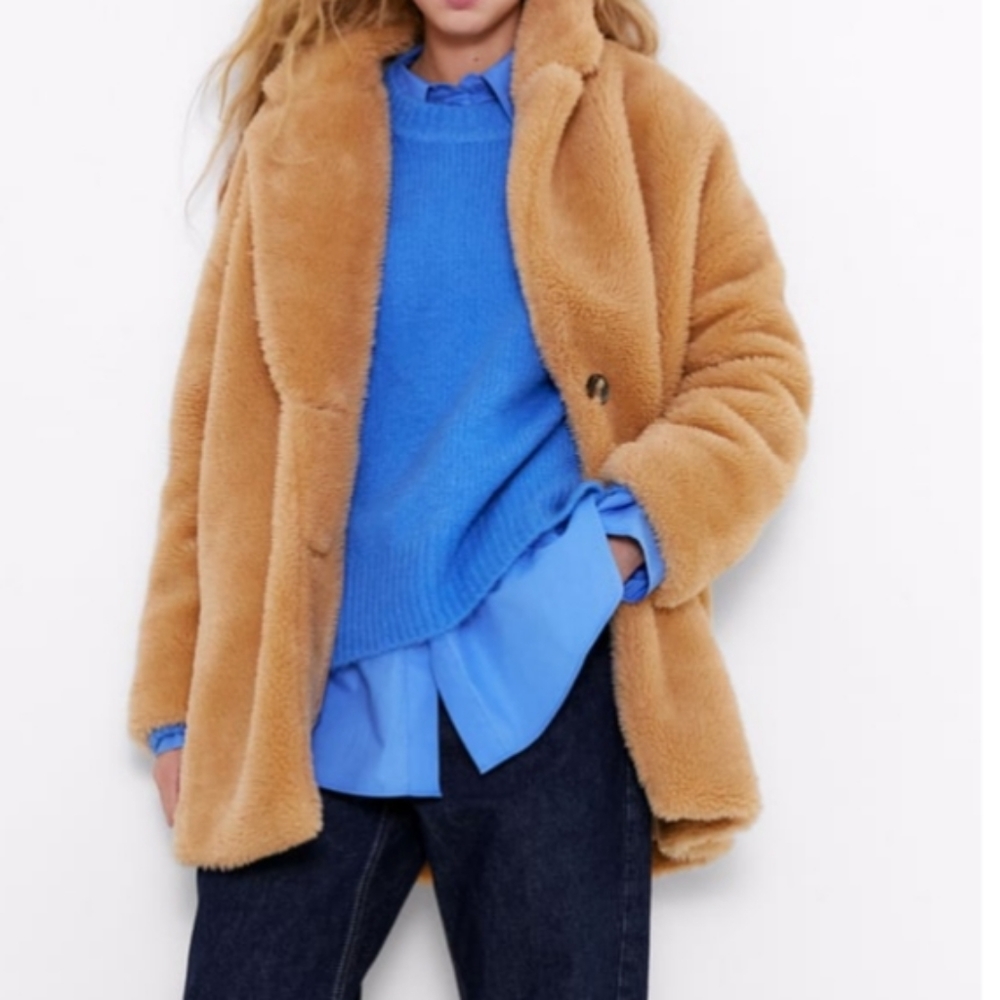 ZARA beige fleece coat size Medium - Picture 2 of 16